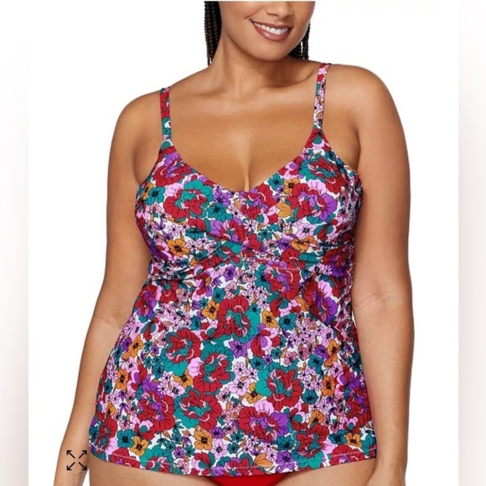 Raisins Curve Women's Plus Aires Pink Multi Print Tankini Top NWT 16W #2147